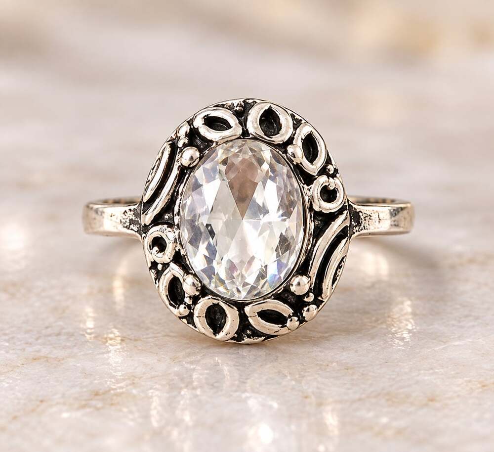 Vintage Style Filigree Oval Crystal Silver-Tone Ring